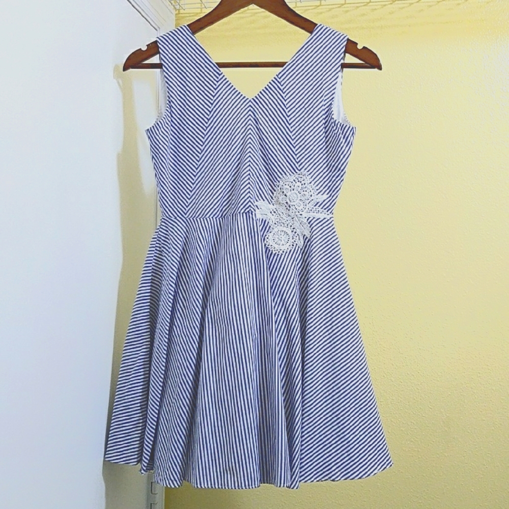 Blue White Nautical Striped Sleeveless Skater Dress - Sz 12